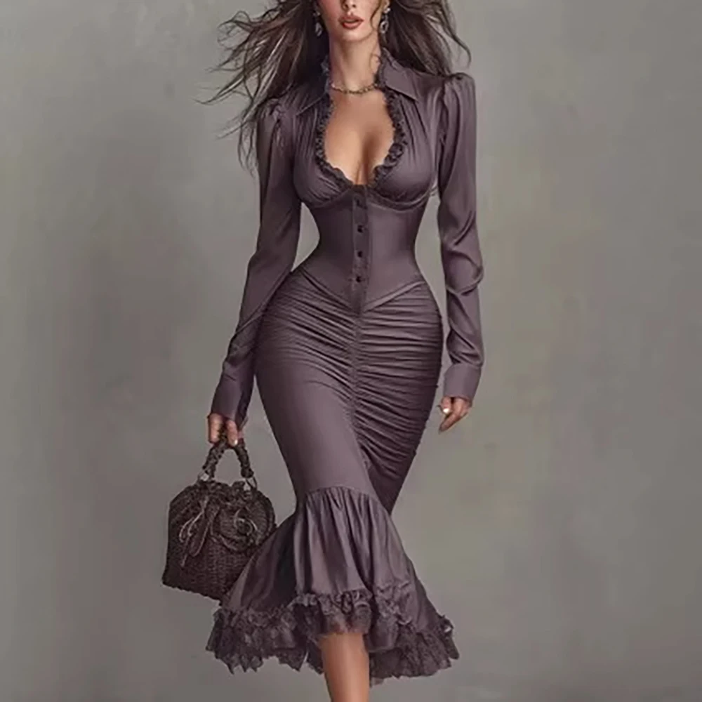 

Women's Elegant Slim Fit Evening Mermaid Maxi Dress Solid Long Sleeve Ruched Button Front Ruffle Hem Office Lady Long Dresses