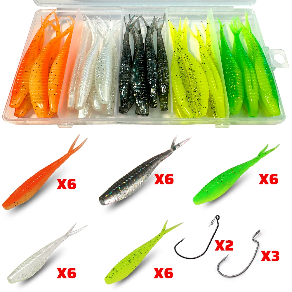 GOBAIT 36PCS Fishing Lure Set Spring-lock Screw Offset Worm Hook 7cm V Tail Pesca Gear Crank Swimbait Carp Tackle Box Soft Bait