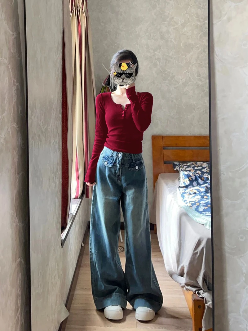 봄 여름 여성 슬림핏 롱 슬리브 U넥 베이스 셔츠 와인 레드 컬러 출퇴근 스타일 한국 버전 오버사이즈 길이 티셔츠