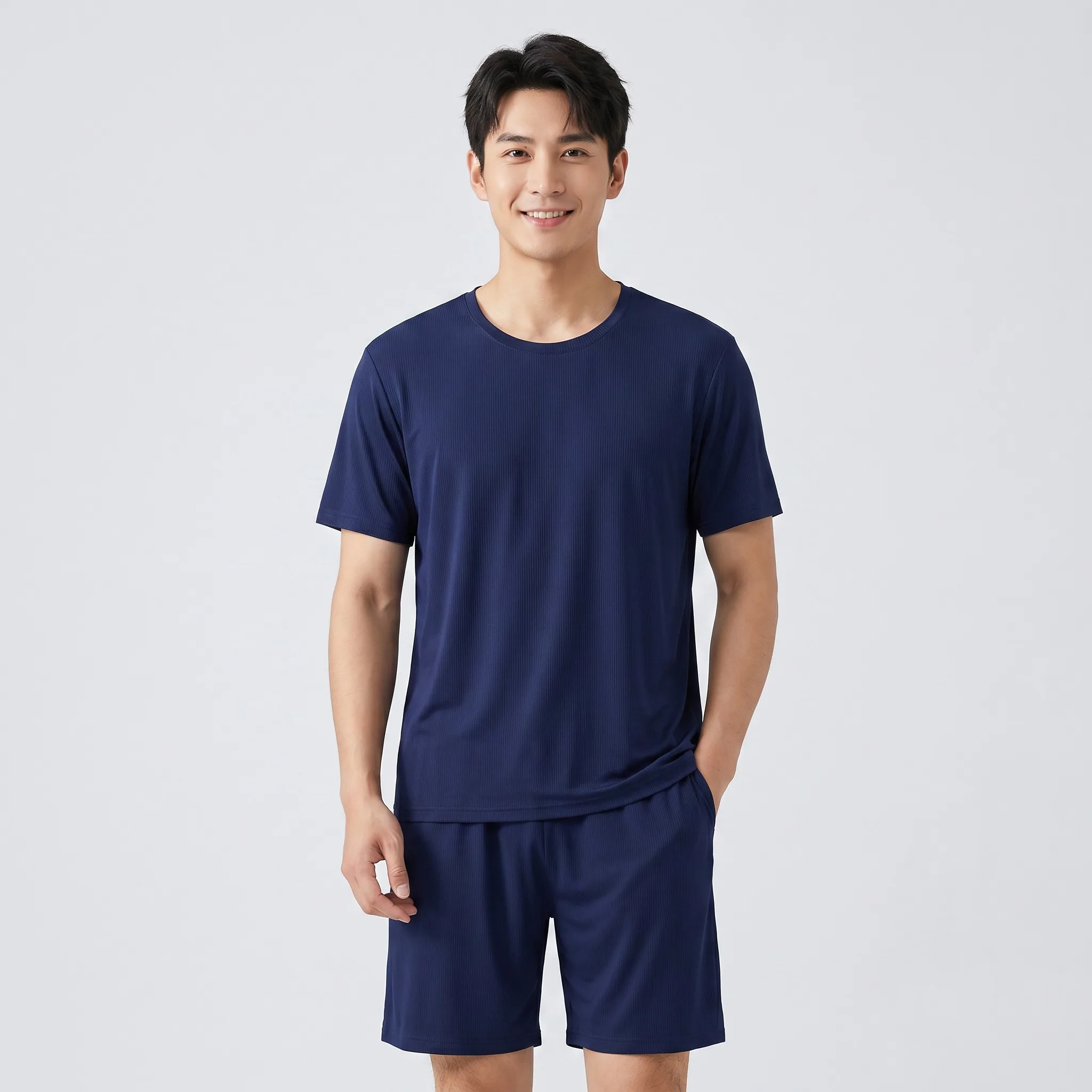 

Men's Summer Pajamas: Ice-Silk Pajamas, Men's Summer Loungewear Set, Modal Seamless Round-Neck Lightweight Short-Sleeve T-Shirt