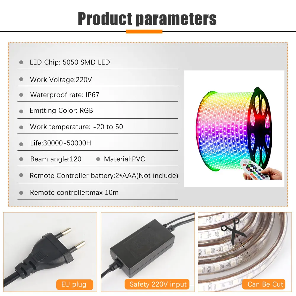 Taśma LED 220V RGB Wielokolorowa z pilotem na podczerwień Wodoodporna elastyczna taśma świetlna LED Zewnętrzna taśma wstążkowa do lampy ogrodowej