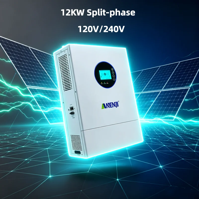 Anenji 12Kw Split Phase Hybrid Solar Inverter 120V/240V Pure Sine Wave Built-In 200A Mppt Solar Charge Controller Fit Home Energy Storage