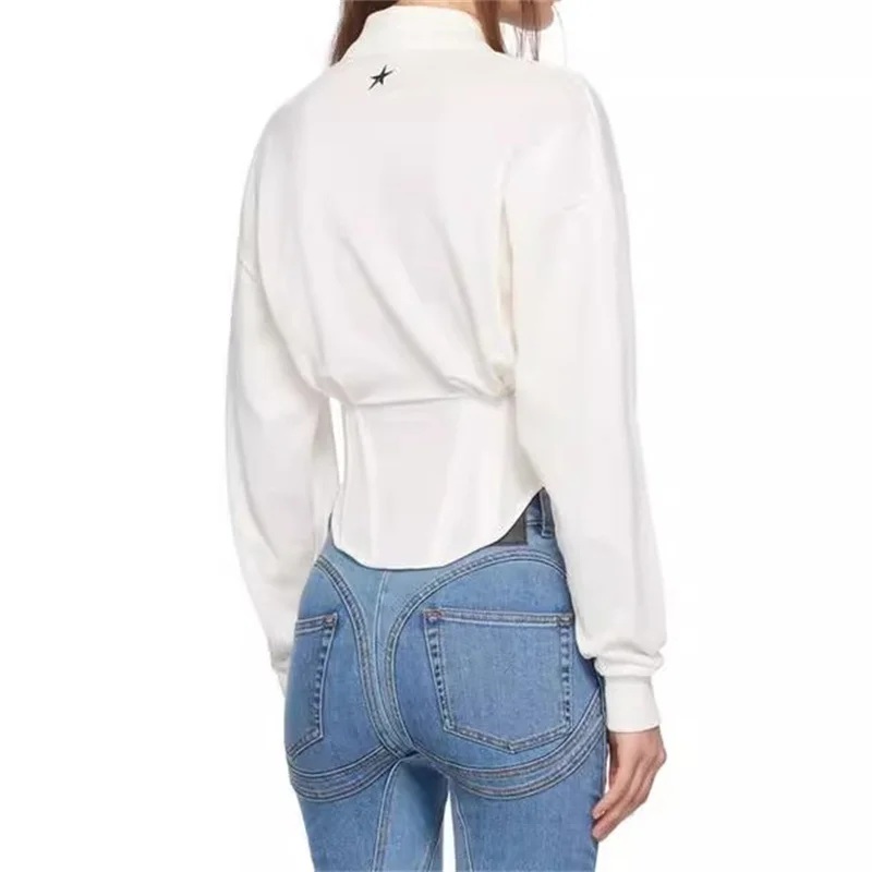 Women shirts 2025 Spring New Fashion Polo Collar Long Sleeve Top cotton blend Women's blouse Fish bone slim fit women's corset