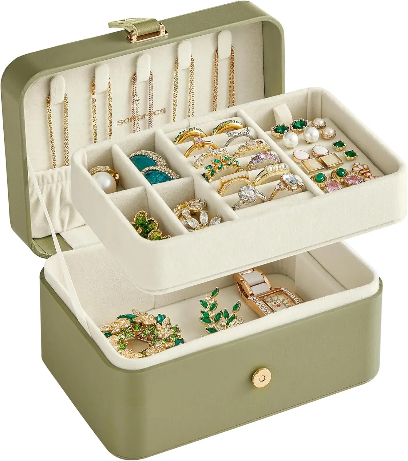 

Jewelry Organizer Box, Travel Jewelry Case, 2-Layer Travel Case for Earrings, Necklaces, Bracelets - Portable Jewelry Storage with Large Capacity, Gift Idea, Laurel Green UJBC166C02