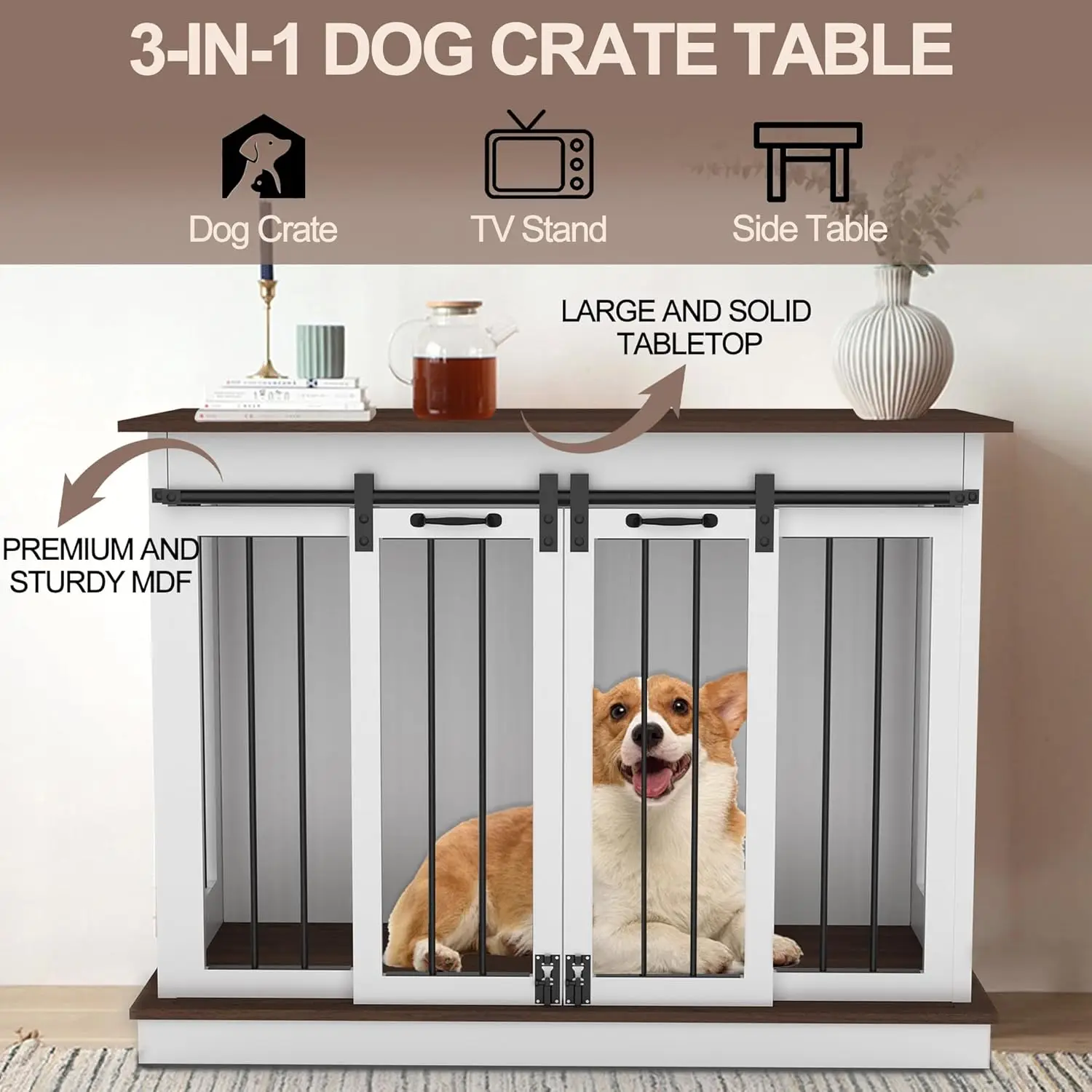 Dog Crate Indoor Furniture, 47.2'' Dog Kennel with 2 Sliding Doors, Heavy Duty Wooden Dog Cage for Large Medium Small Dogs, Whit