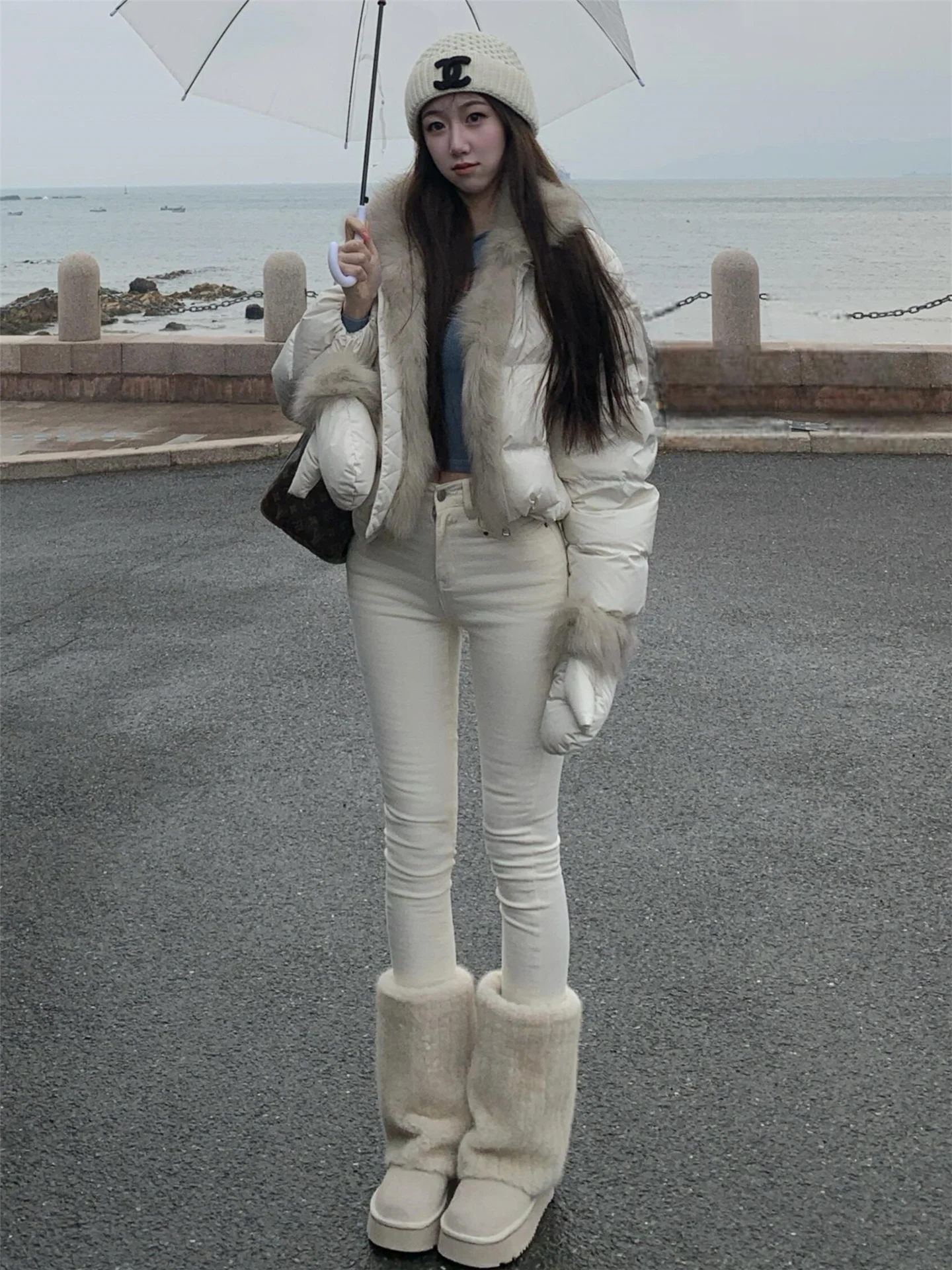 

American Street Style White Slim Fit Jeans Women's Elastic Extended Length High Waist Retro Wash Cotton Stretchy Skinny Pants