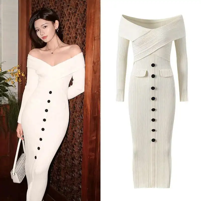 

Autumn Winter Single Breasted Black Sexy Slim Long Sleeve White Knitted Dress For Women Criss Cross Prom Evening Party Dresses