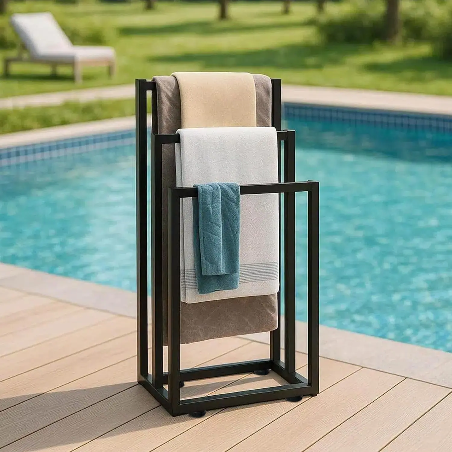 

3-Tier Metal Bath Towel Holder Stand Outdoor Towel Drying Rack for Poolside & Spa,Blanket & Quilt Rack Organizer,Matte Black