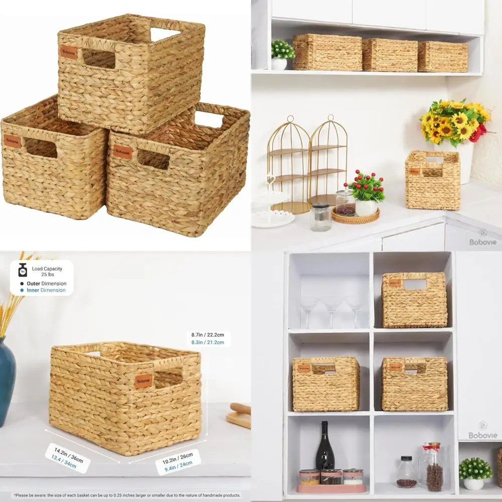 

Large Wicker Storage Baskets, Set of 3, Water Hyacinth Basket Organizer, 14.2x10.2x8.7H Inches -Great Storage Solution for Shelf