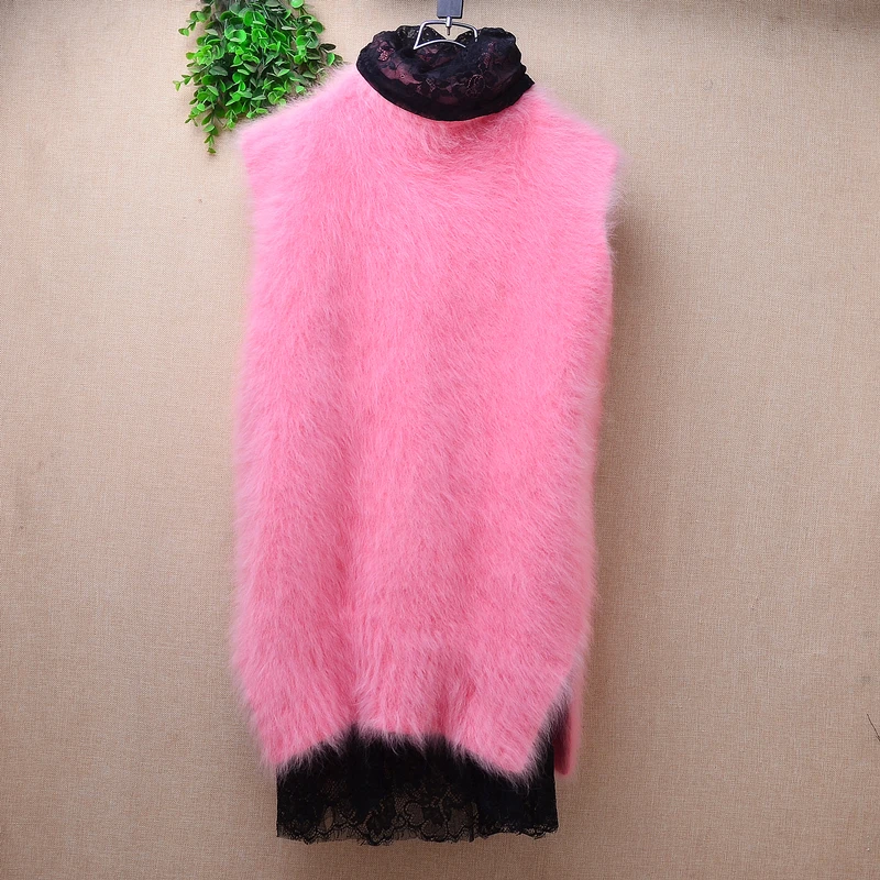 01 Ladies Women Autumn Winter Fashion Hairy Mink Cashmere Knitted Sleeveless Loose Pullover Angora Fur Sweater Vest Jumper Pull