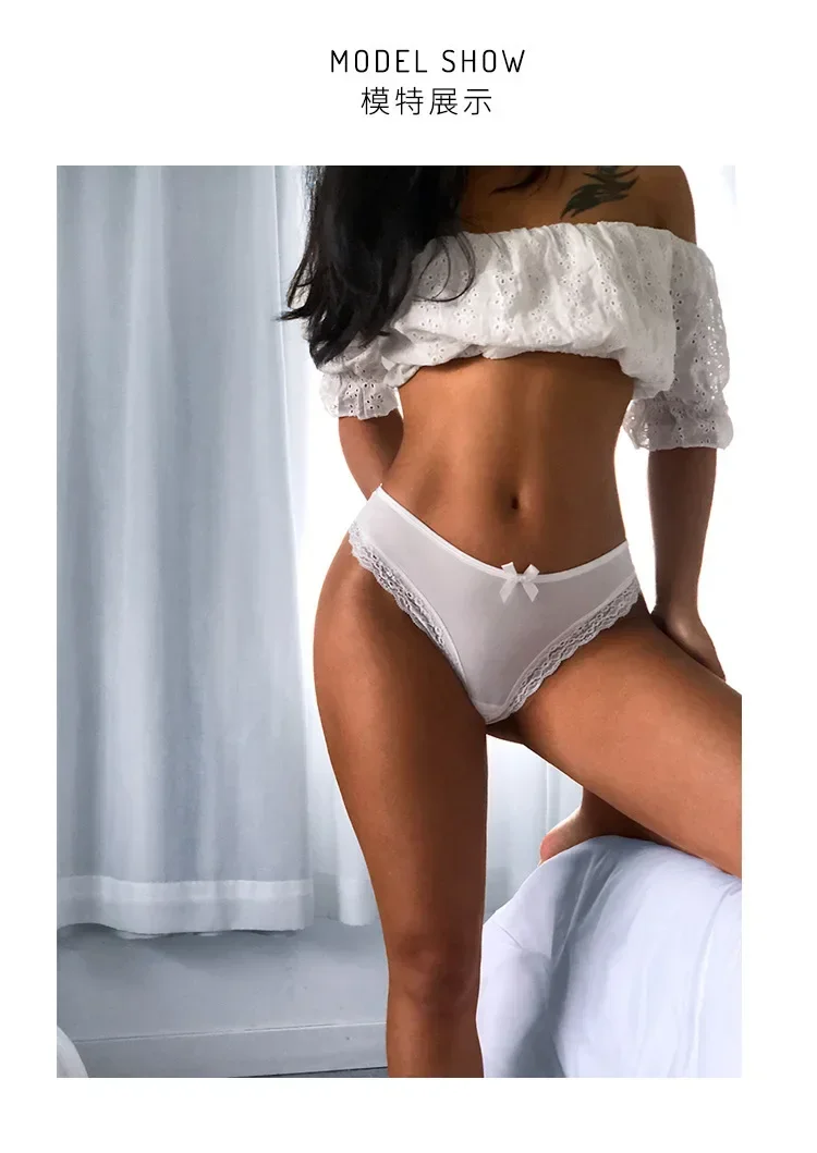 Ice Silk Lace Bow Sexy Thongs Luxury Satin Hollow Out Women's Underwear Low Waist Thin Transparent Panties Breathable Briefs