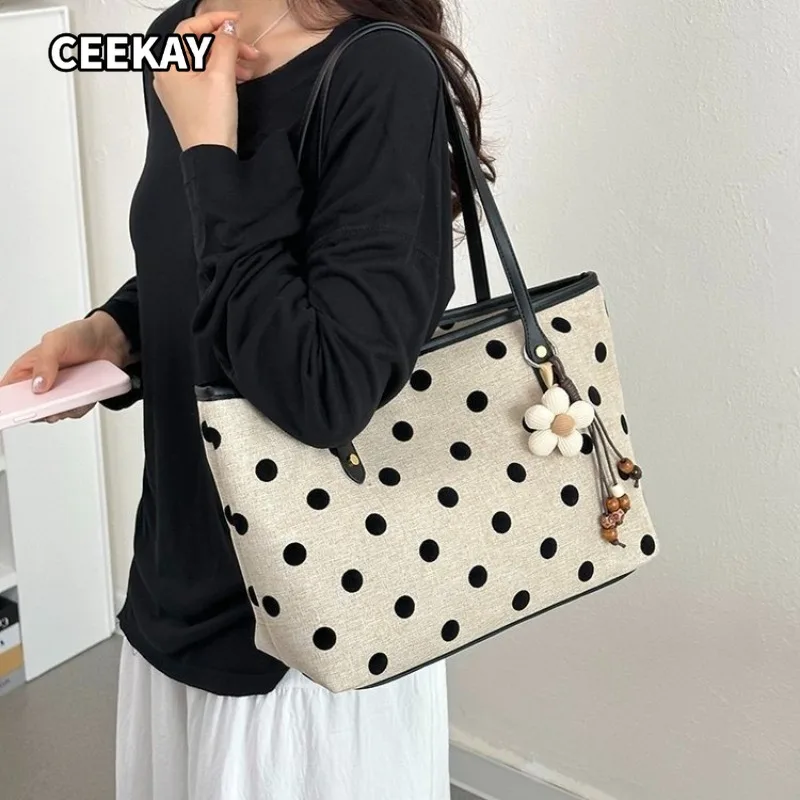 

CEEKAY Women's Tote Bag Beige Black Polka Dot Canvas Large Shoulder Handbag Flower Pendant Daily Casual Cute Style