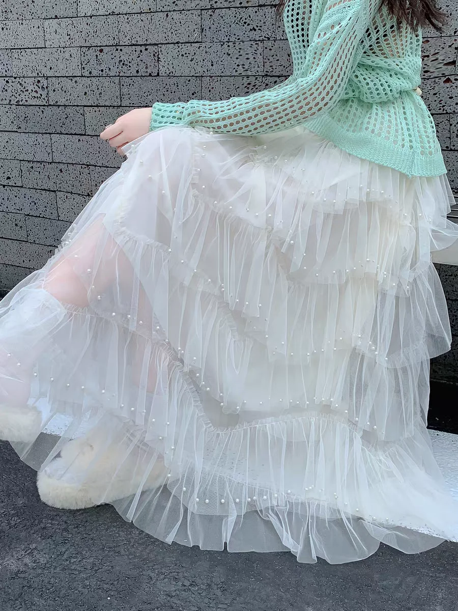 Ethereal Beaded Tulle Midi Skirt: Fall French Sweetheart Ball Gown Style with Layered Full Skirts for Women