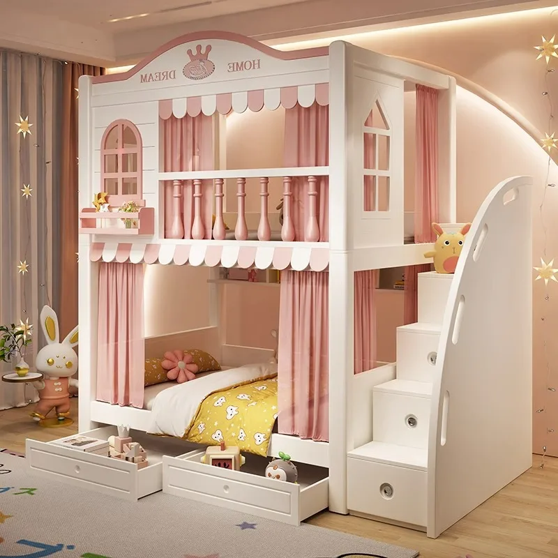 Children up and down bunk bed girl boy princess castle tree house high bed mother guardrail