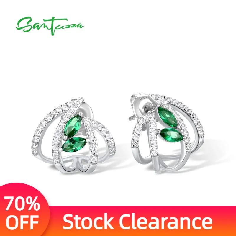 

SANTUZZA Authentic 925 Sterling Silver Stud Earrings For Women Sparkling Green Stones White Cubic Zirconia Delicate Fine Jewelry