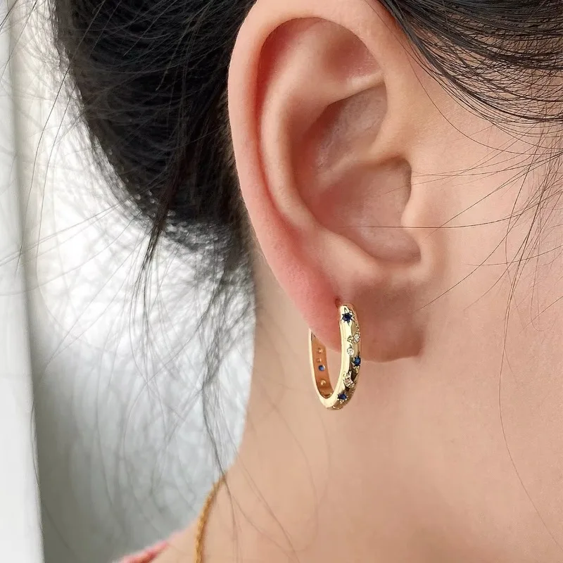 Huajie Shining Sun Blue Zircon Shape Hoop Earrings for Women Gold Tone Crystal Dance Party Wedding Dainty Ear Jewelry