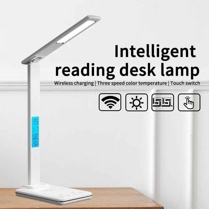 LED Folding Desk Lamp with Wireless Charging Calendar Temperature Alarm Clock Temperature Display Study Reading Eye-care Lights