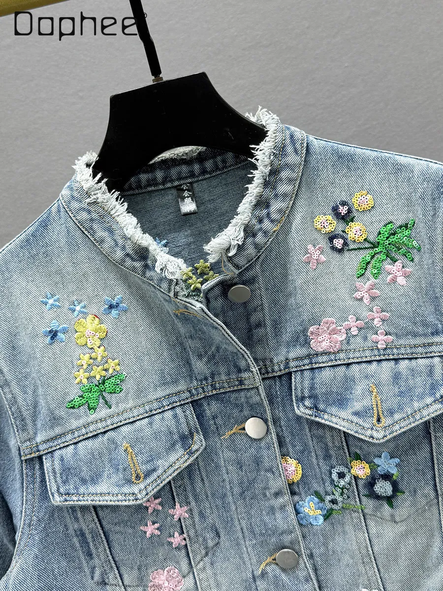 Fashion Retro Embroidered Short Denim Jacket Women Spring 2025 New High Waist Loose Slim Versatile Casual Long-sleeved Jean Top