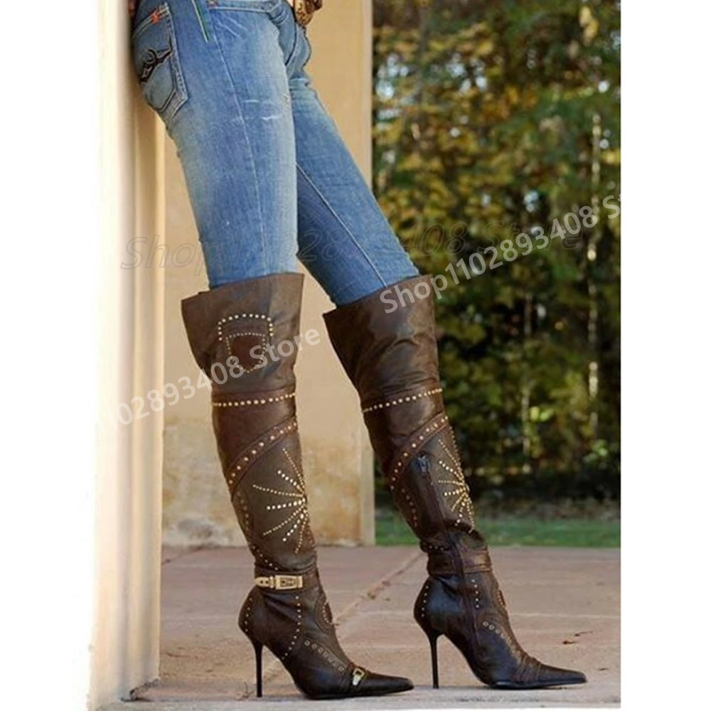 

Brown Round Rivets Decor Knee High Boots Pointy Toe Leather Stiletto High Heel Fashion Hot Girls Women Shoes 2025 Para Mujere