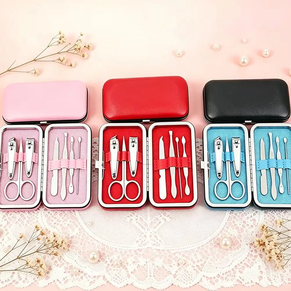 7Pcs Stainless Steel Manicure Pedicure Set Nail Clipper Kit Scissors File Cuticle Tools PU Leather Case