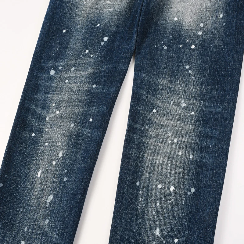 Men Dark‑Blue Splash‑Paint Streaky Washed Ripped Skinny Jeans, Vintage Gradient Distressed Denim Pants, Mid‑Waist Stretch Slim‑F