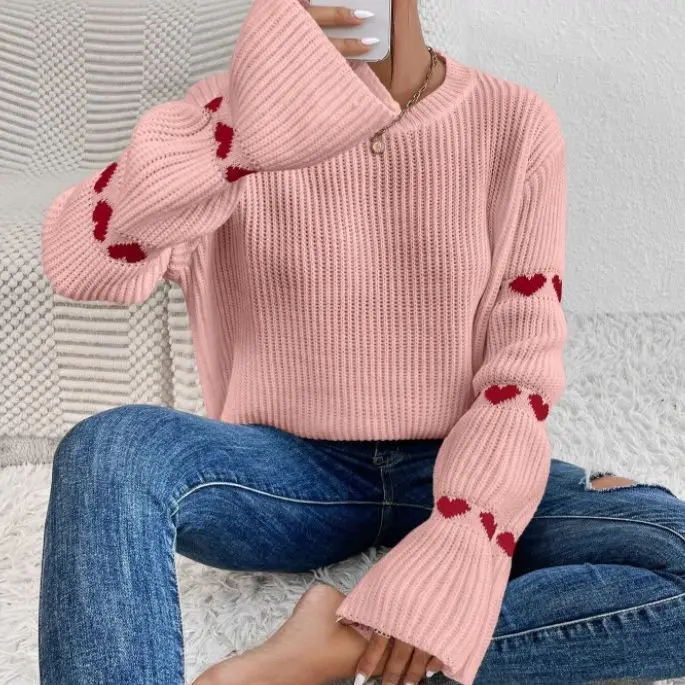 

Fashionable and elegant sleeve small heart top women's knitted sweater round neck solid color 2025