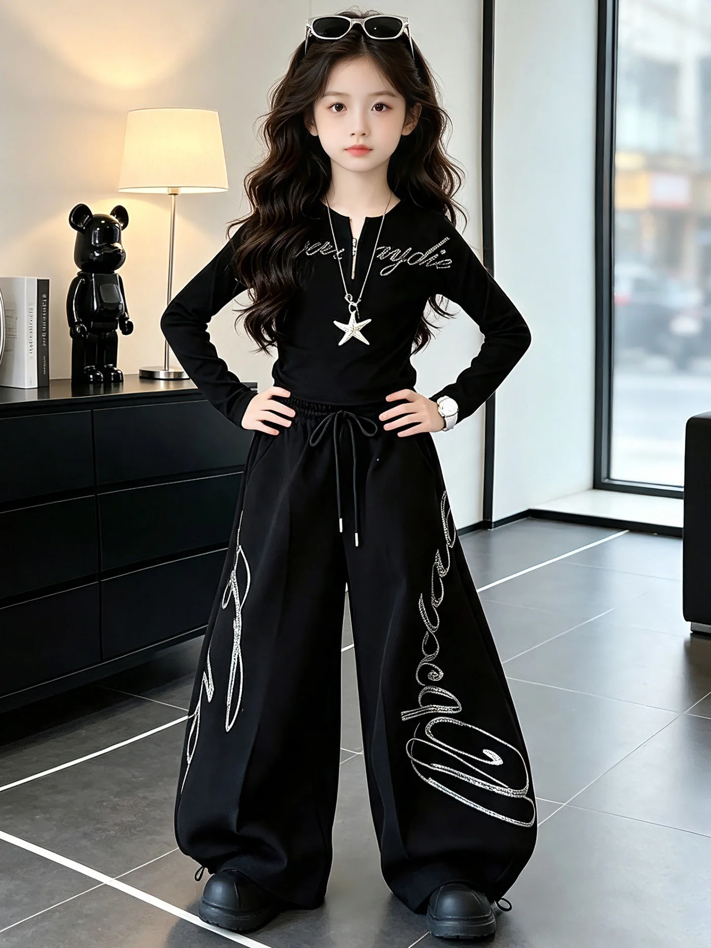 Girls Casual Short Sweatshirt And Pants Set Jazz Street Dance Two Piece Suit Autumn Fashionable Children's Wear Polyester Fiber