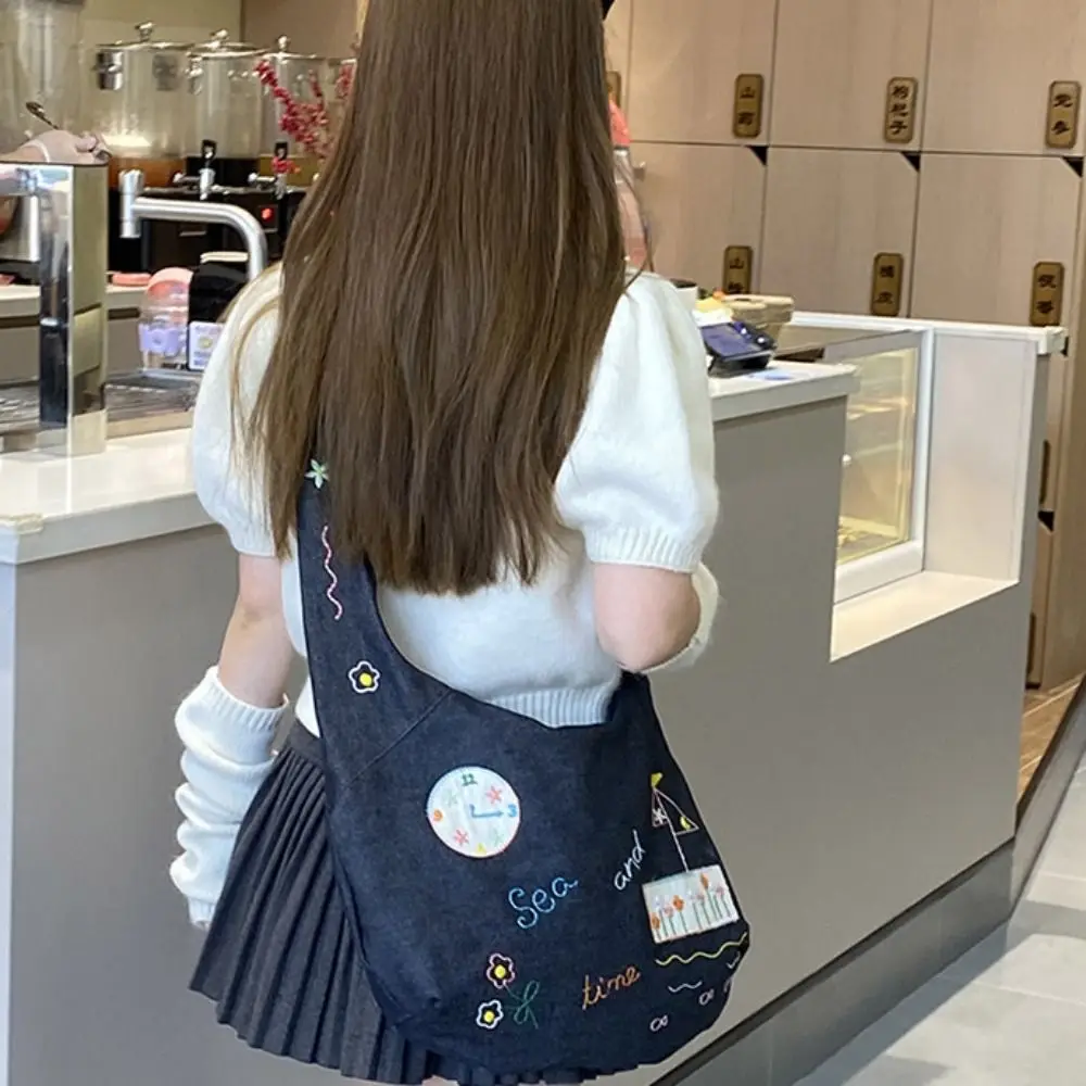 

Portable Cloth Denim Canvas Bag Retro Korean Style Cartoon Pattern Shoulder Bag Handbag Geometric Embroidery Tote Bag Travel