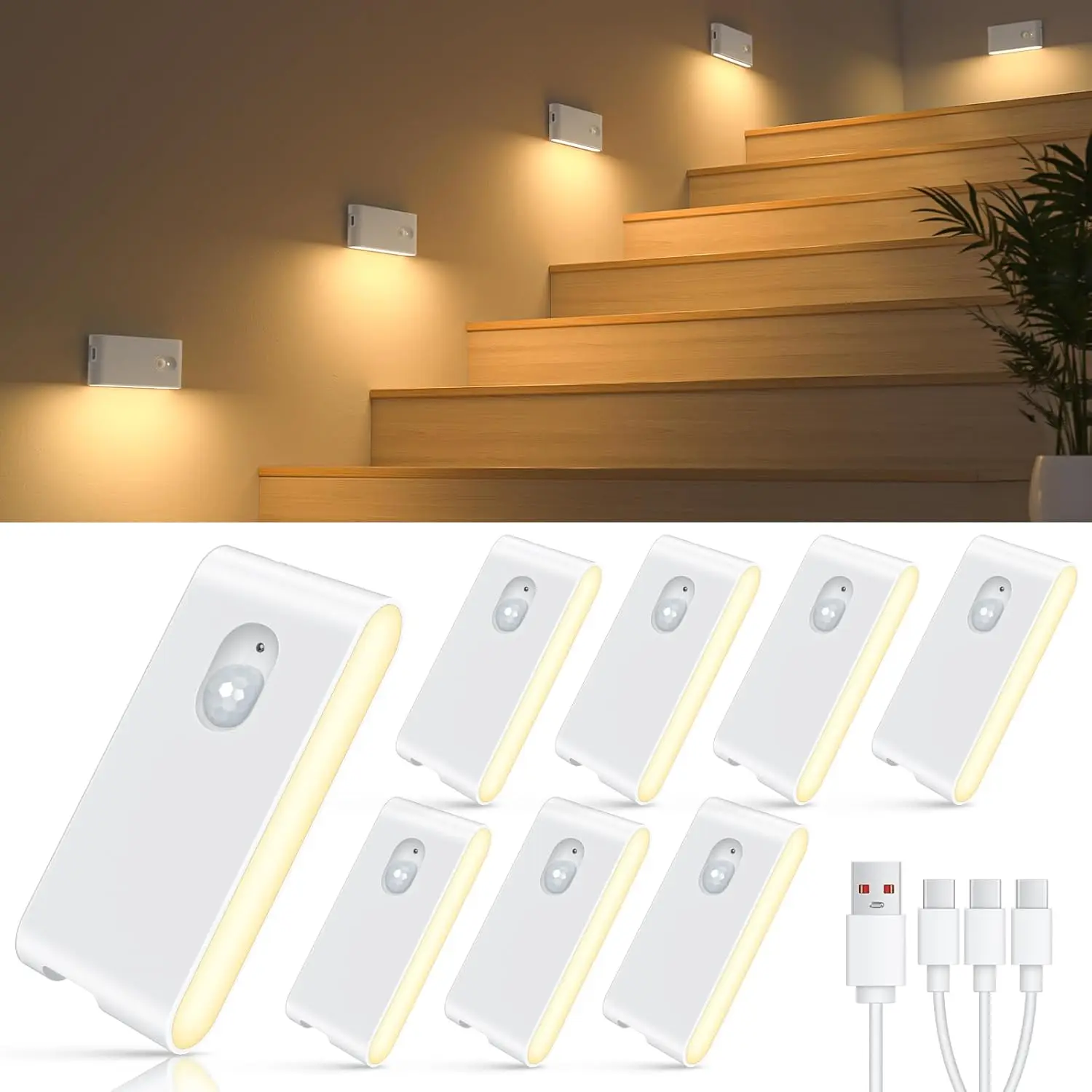 

Rechargeable Motion Sensor Night Lights, Warm White Wireless Stair Lights for Home (8-Pack)