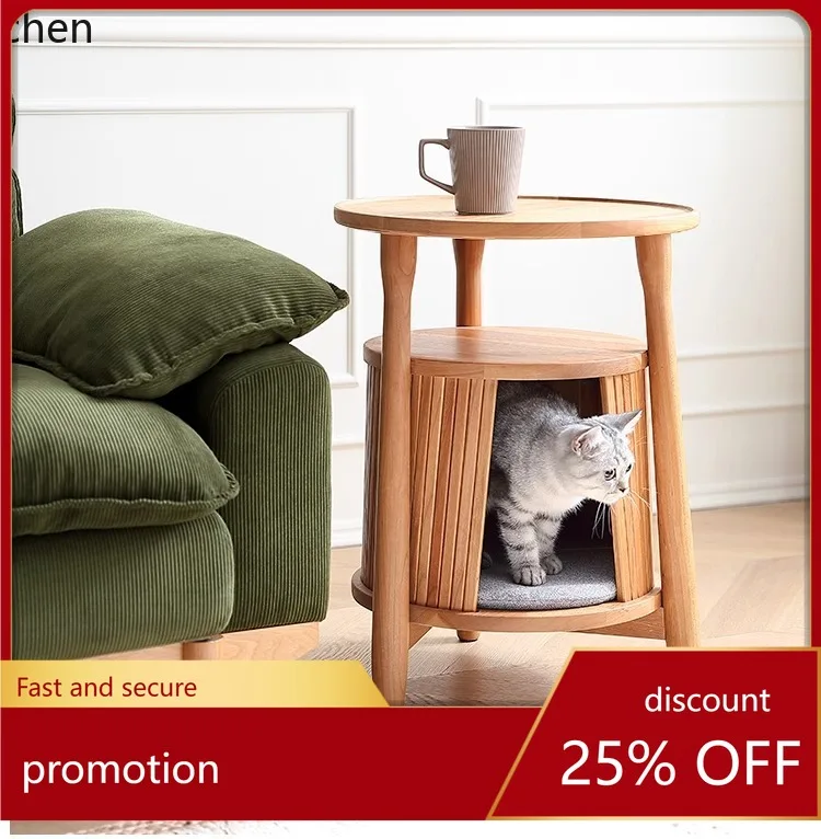 

HXL Solid Wood Coffee Table Simple Modern Living Room Sofa Side Table Round Natural Wood Cat Bed