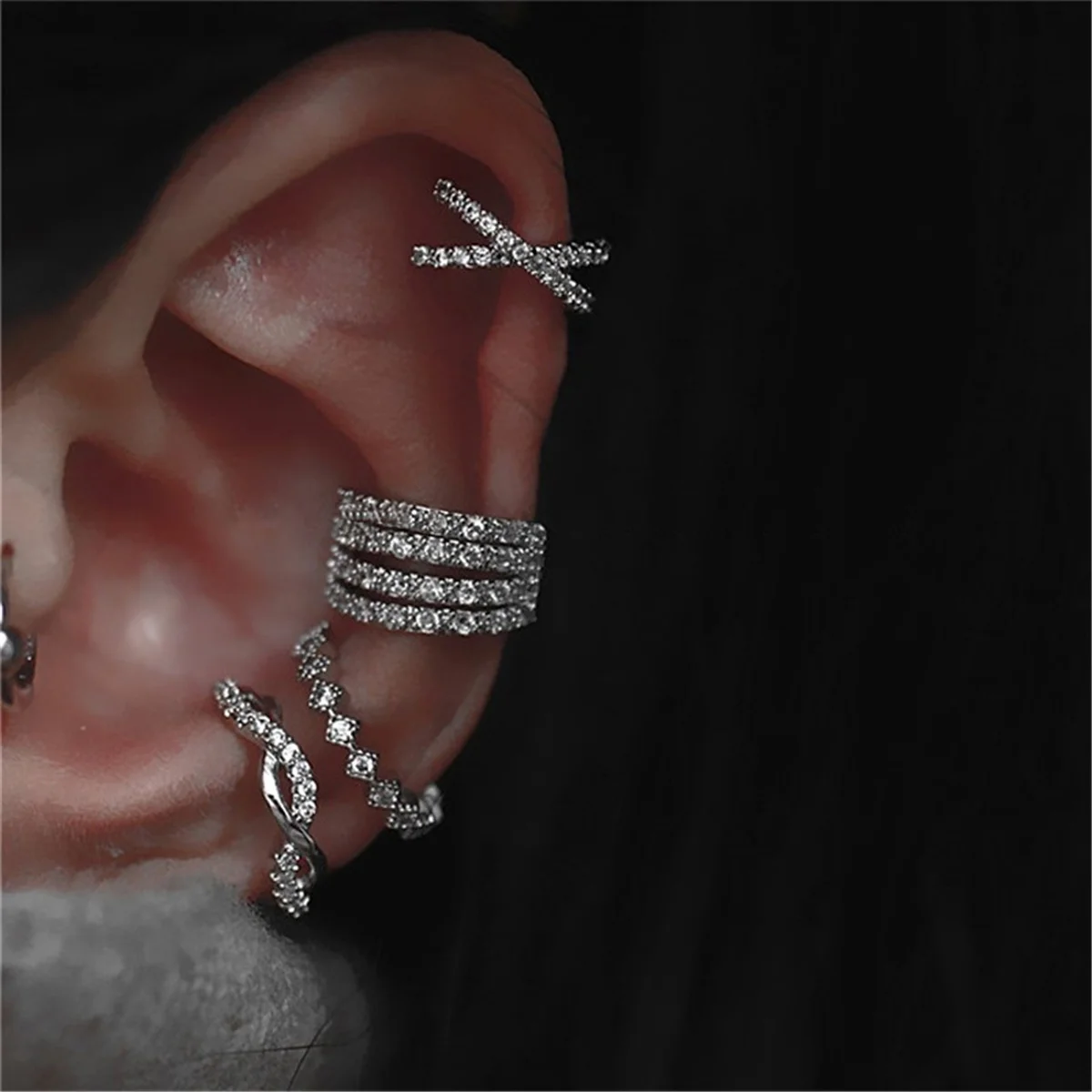 4Pcs/set Creative Silver Color Zirconia Clip on Earrings for Women Geometric Ear Cuff Without Piercing Girl Jewelry