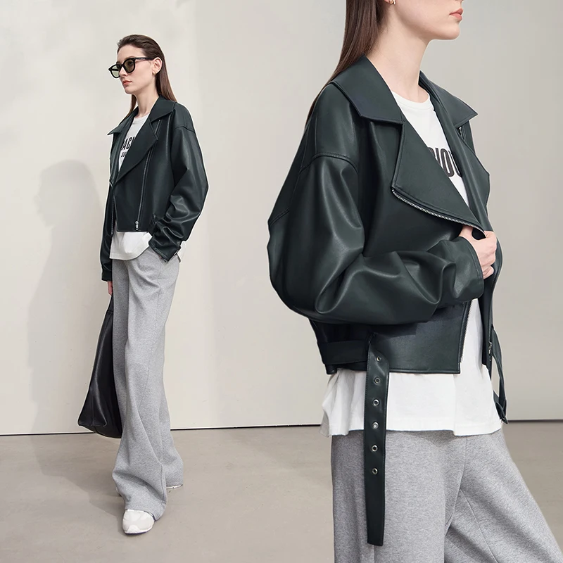 เสื้อแจ็คเก็ตหนังผู้หญิง AMII รุ่นใหม่ประจำฤดูใบไม้ร่วงปี 2025 สไตล์มินิมอลทรงหลวม เสื้อคลุมสั้นสำหรับผู้หญิง ซิปยาว แขนยาว รุ่น 12543043