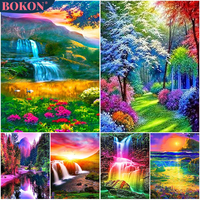 

5D Diamond Painting Landscape Diamond Embroidery Colorful Waterfall River Painting DIY Diamond Mosaic Home Decoration