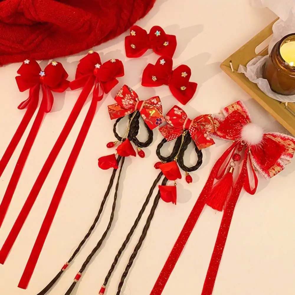 Cute Ribbon Red Bow Hair Clip New Year Wig Plush Ball Hairpin Fringe Hair Accessories Princess Forehead Chain Women