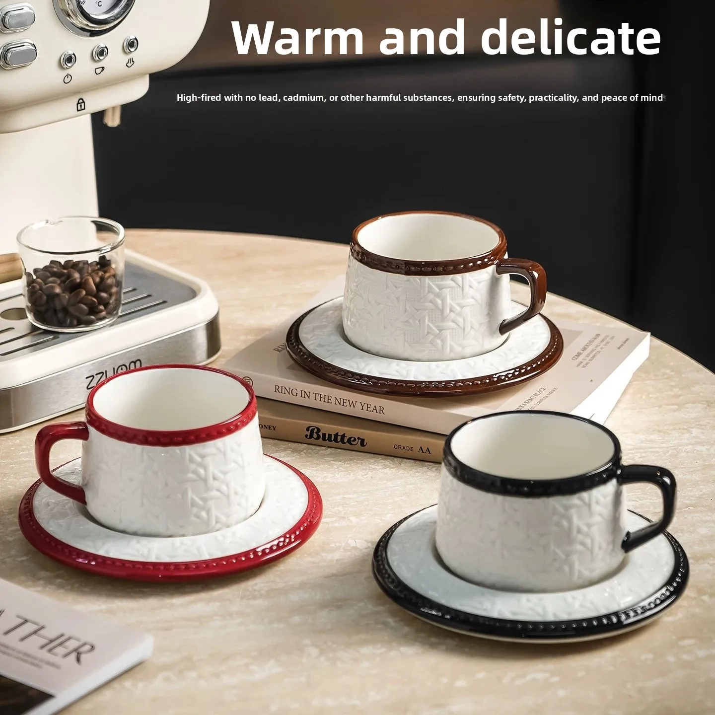 300ML/Retro French Rattan Ceramic Coffee Cup Water Set Tea Set High-end High-value Tea Cup Gift Box Mug
