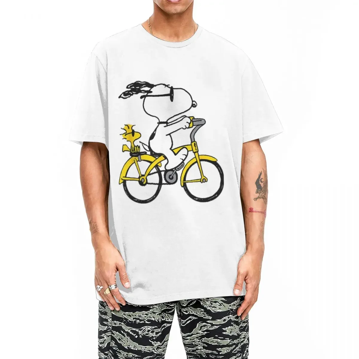 Peanuts Snoopy & Woodstock Riding Bike T-Shirt Men Women Leisure 100% Cotton Tee Shirt O Neck T Shirts Gift Idea Clothing