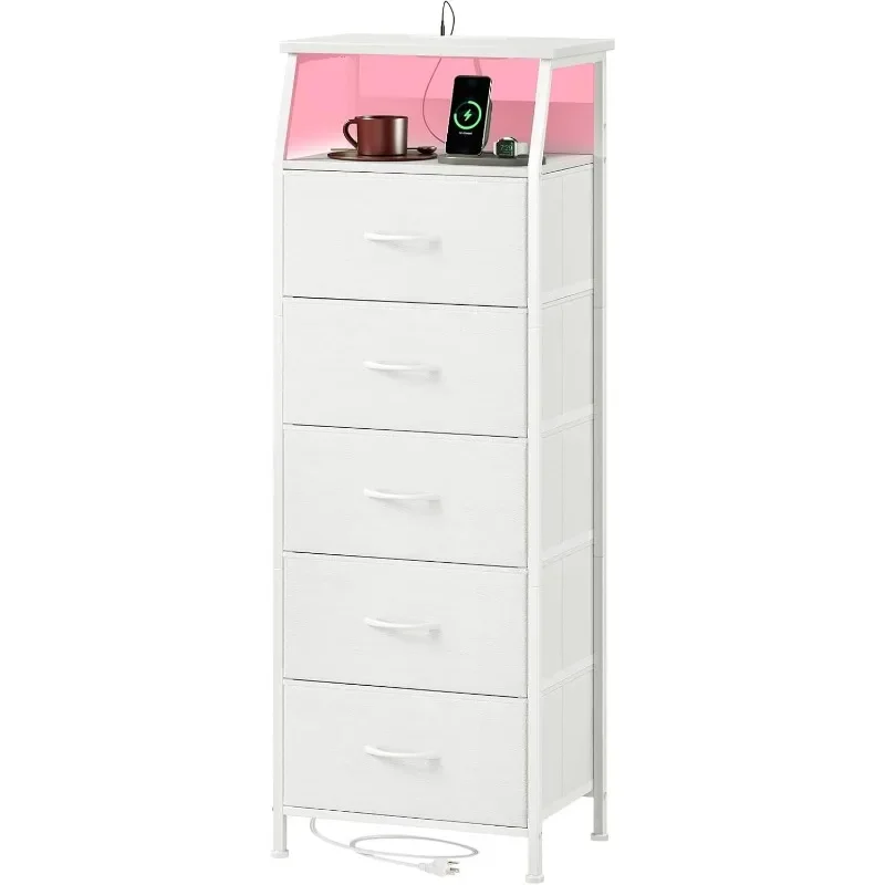 

White Nightstand with Charging Station and LED Light for Bedroom, Tall 5 Drawers Dresser with Fabric Bins