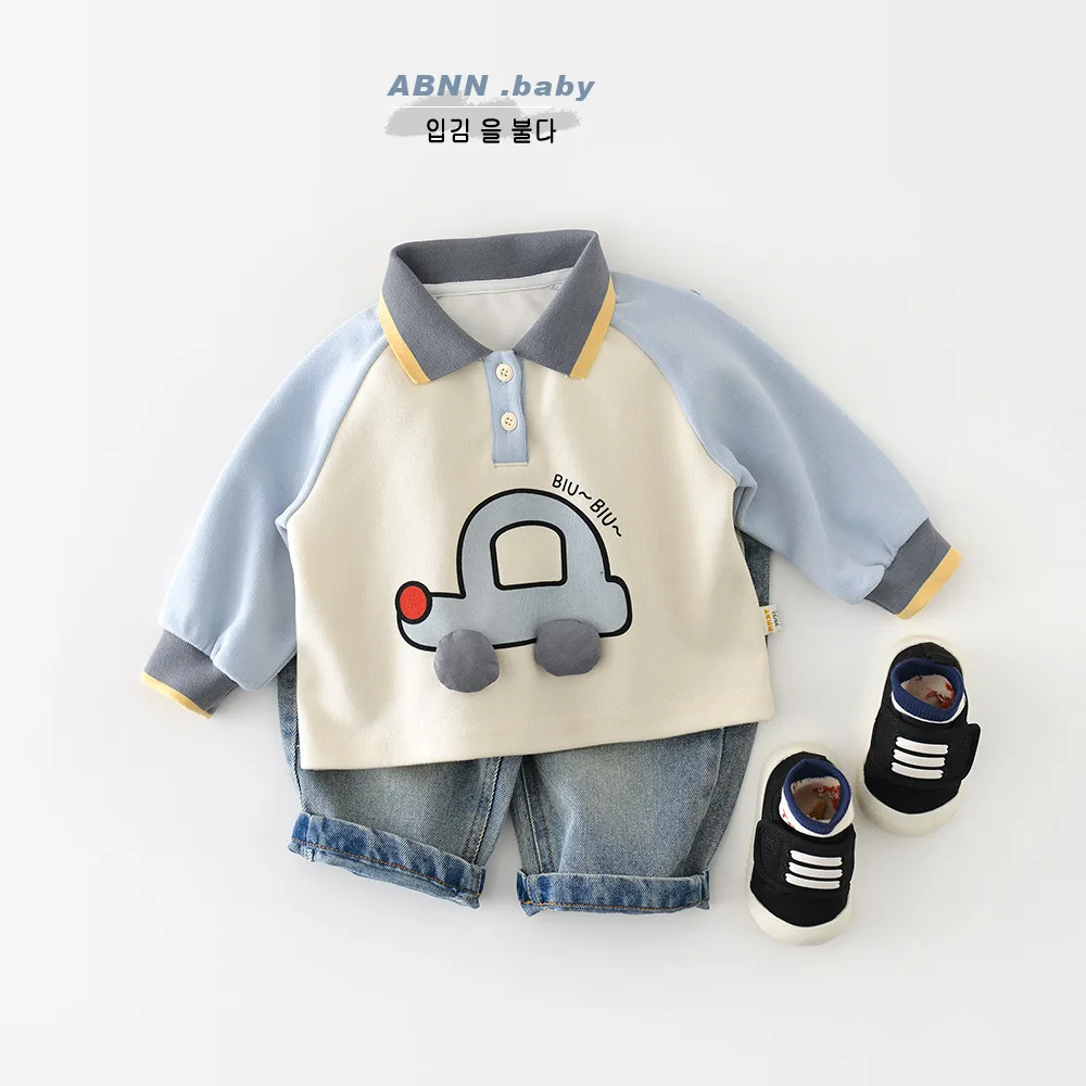 2026 Spring New Baby Long Sleeve T Shirts Infant Boys Cartoon Lapel Tops Girls Casual Sweatshirt Cotton Toddler Polo Shirts