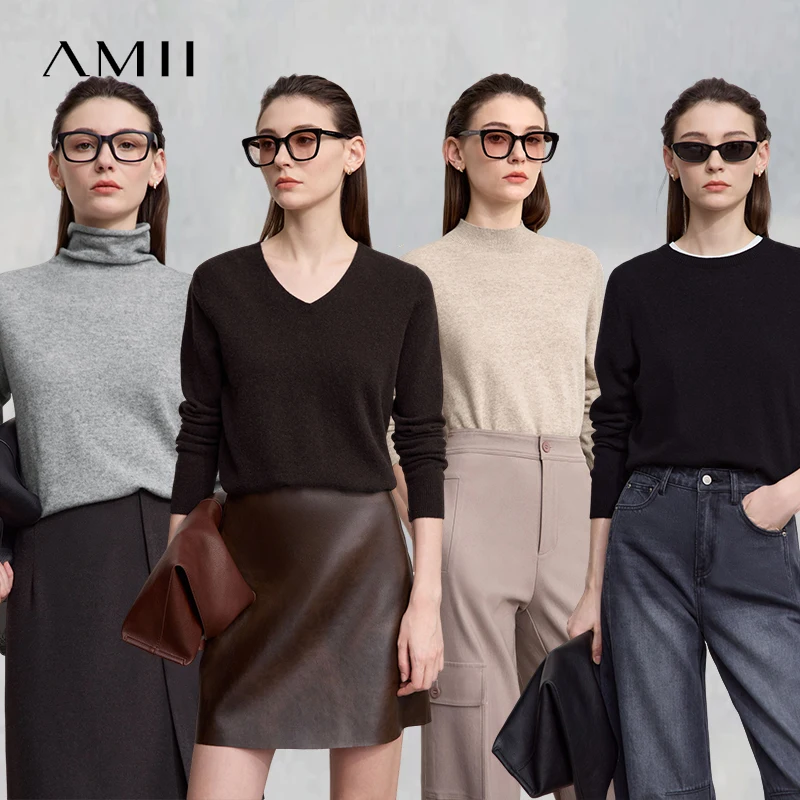 AMII レディースセーター 多用途ウール 長袖 2025年冬 暖かい エレガント スリム プルオーバー 女性用セーター ニットトップス 12523165