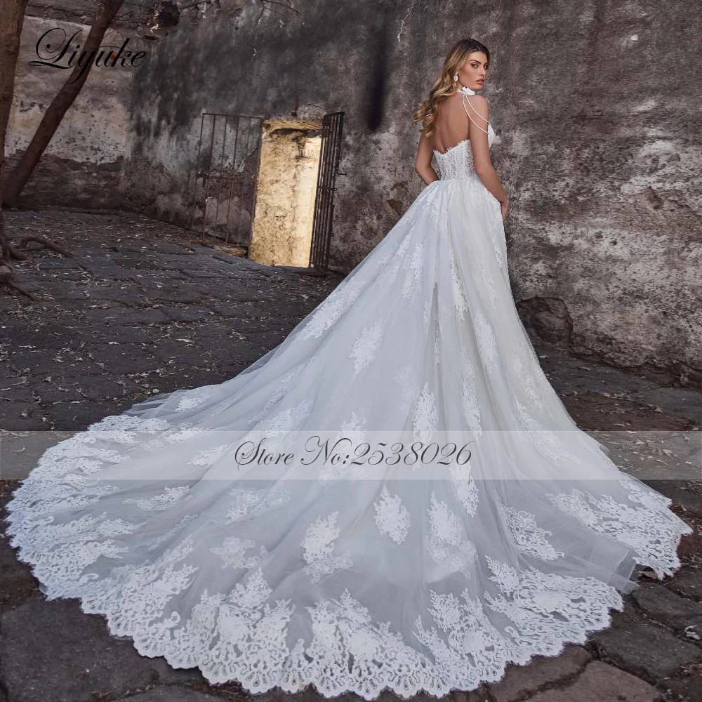 Liyuke Custom Made Full Of Lace Mermaid Wedding Dresses With Removable Train Sweetheart 2 In 1 Trumpet Bridal Gowns