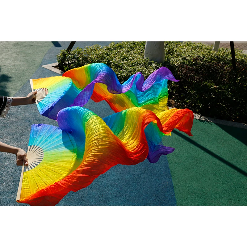 High Quality Chinese Silk Belly Dance Fan 100% Real Silk 120cm/150cm/180cm Rainbow Striped Fan Wholesale Handmade Dance Props