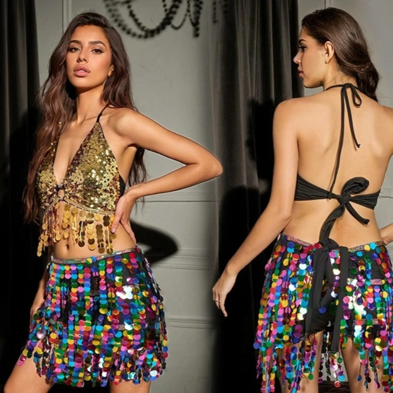 

2025 Belly Dance Hip Scarf Set with Indian Fringe Skirt - Sequin Salsa Costume for Sensual Oriental & Nightclub Performances