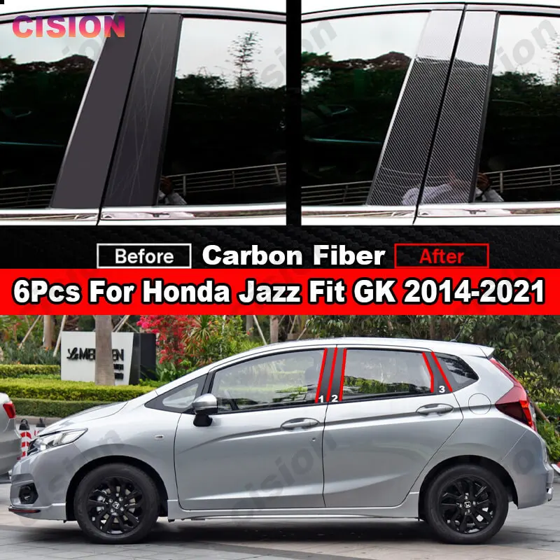 For Honda Jazz Fit GK 2014-2021 Mirror Effect Window Door Column B C Pillar Post Cover Trim Carbon Fiber Glossy Black PC Sticker