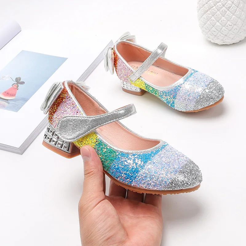 Zapatos Kid Shoe Girl Rainbow Princess Shoe Kids Crystal Mary Jane Shoes Bow Tie Flat Leather Shoes Elegant Sequin High Heels