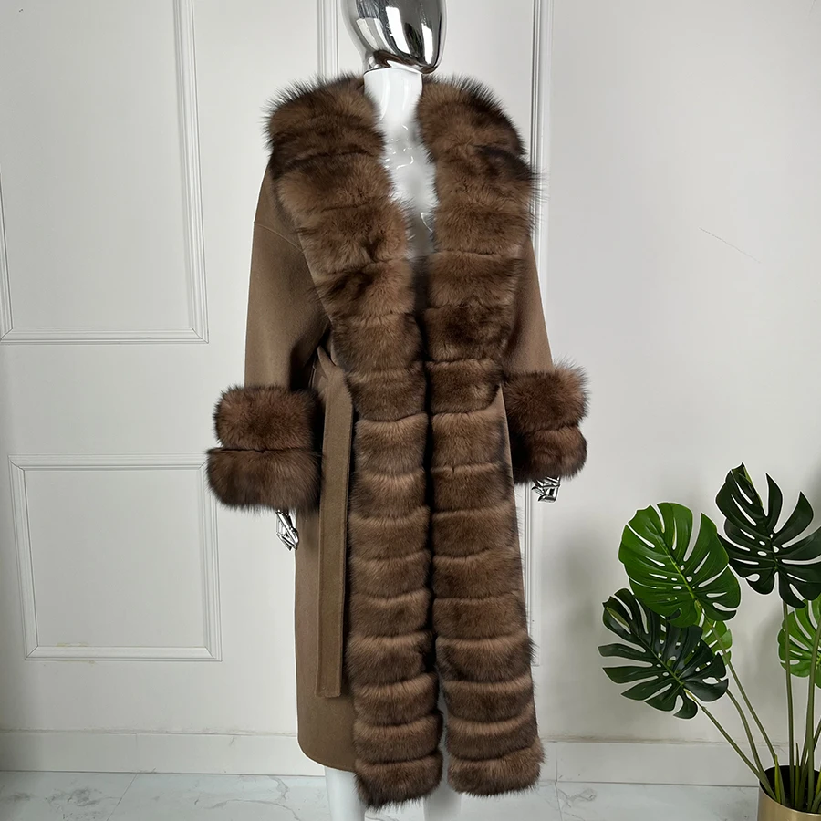 หรูหราขนสัตว์ Trench Coats เสื้อขนสัตว์ยาว Fox FUR Trim ฤดูหนาว WARM CASHMERE Coat ผู้หญิง