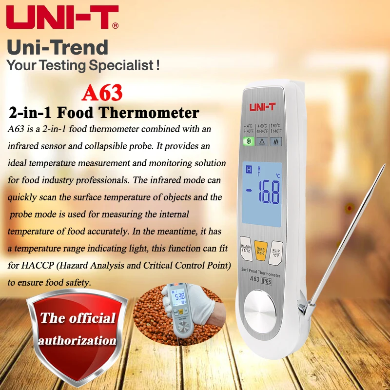 

UNI-T 2-in-1 food thermometer A63/contact and non-contact infrared thermometer/kitchen cold chain temperature measurement