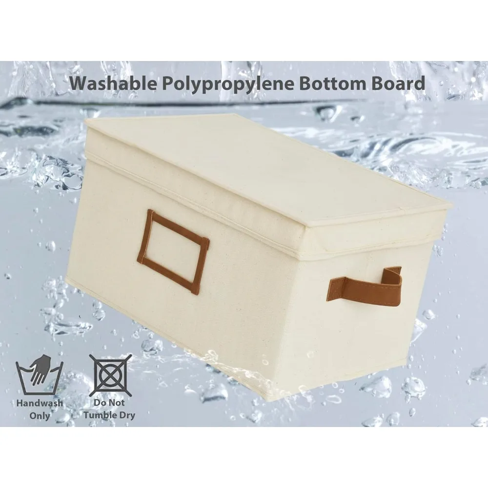 صناديق تخزين كبيرة قابلة للطي مع أغطية، وصناديق تنظيم قابلة للتكديس مع مقابض من البولي يوريثان لأرفف الخزانة، عاجي 3 عبوات