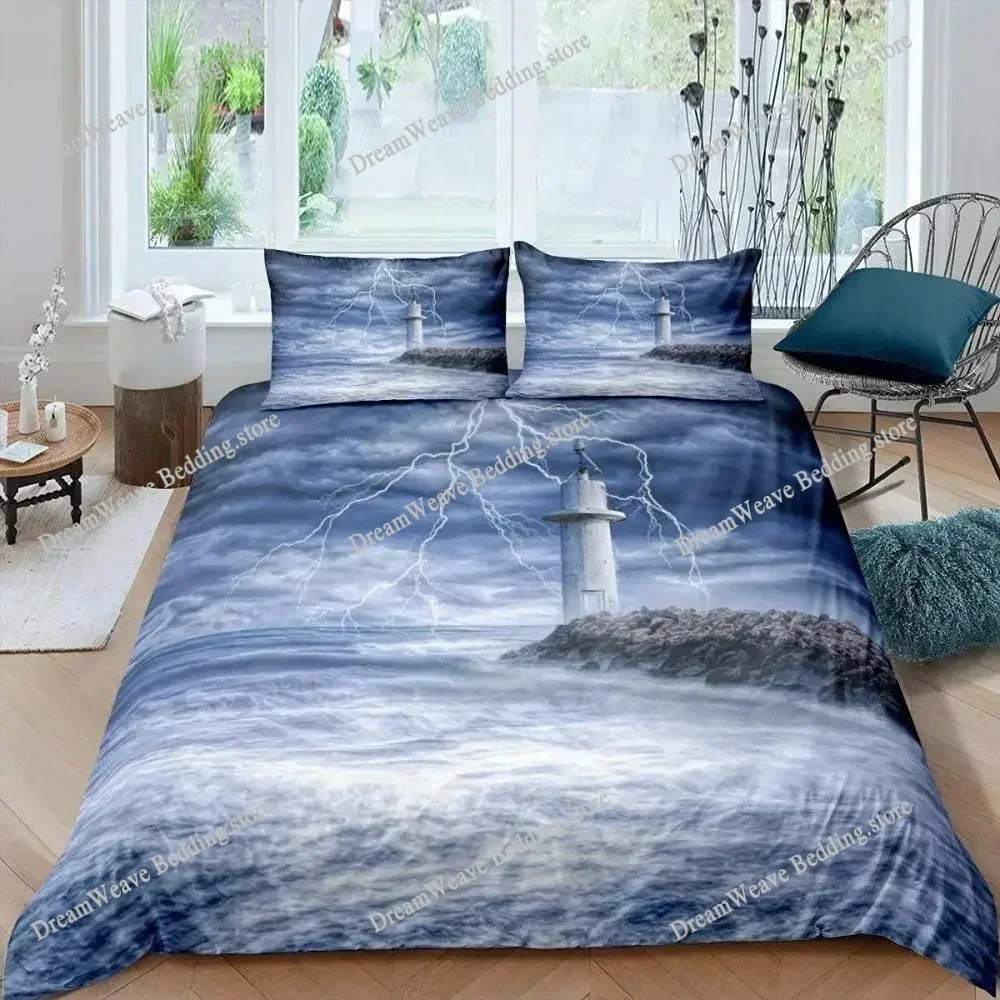 

Lighthouse Duvet Cover Set Nautical Surfing Ocean Wave Bedding Set Queen Polyester Coastal Nature Theme Quilt Cover for Boy963