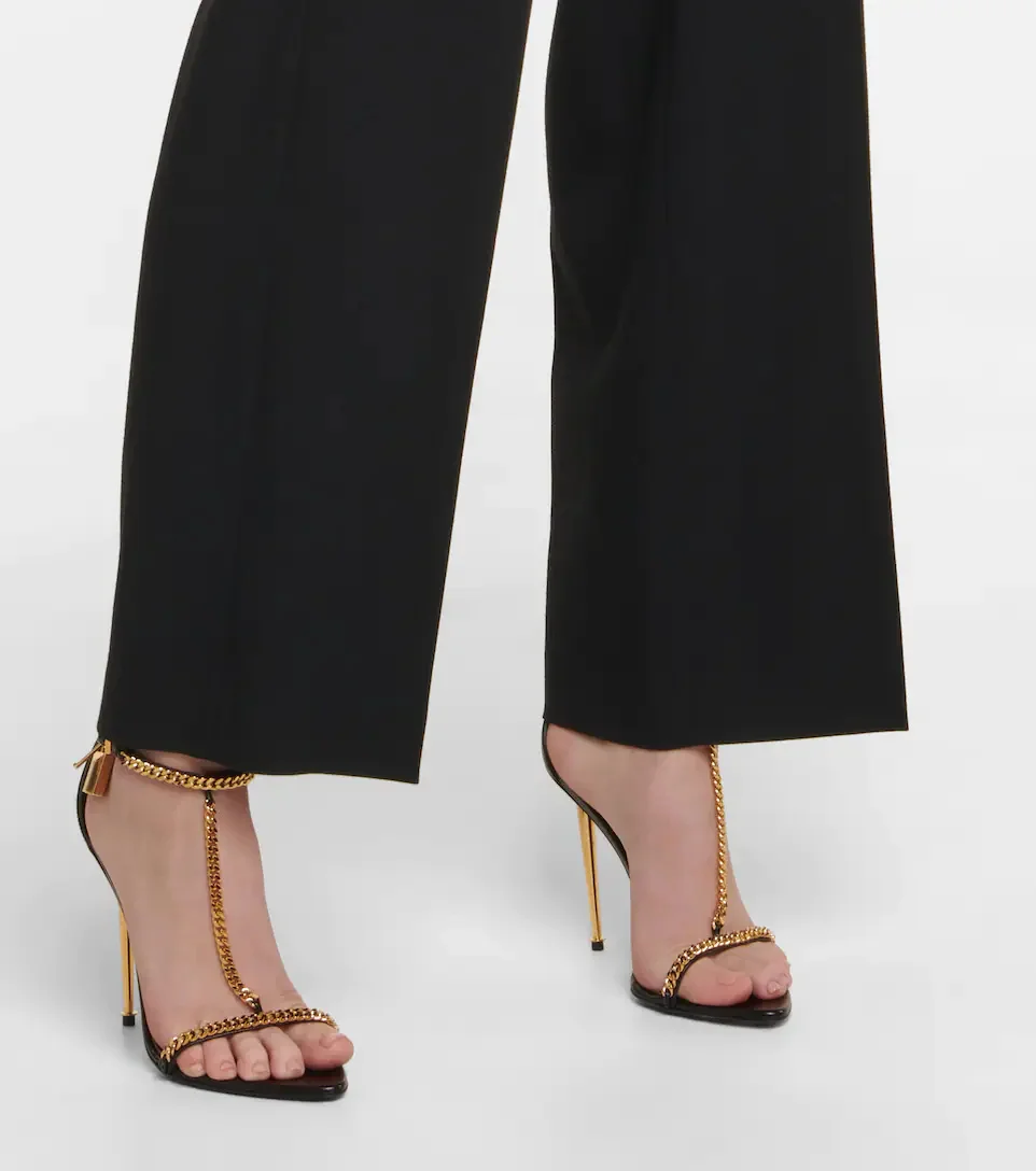 

New Luxury Genuine Leather Pointed Open Toe One Line Belt Metal Chain and Lock T-Tied High Heel Sandals Solid Colorful Designer