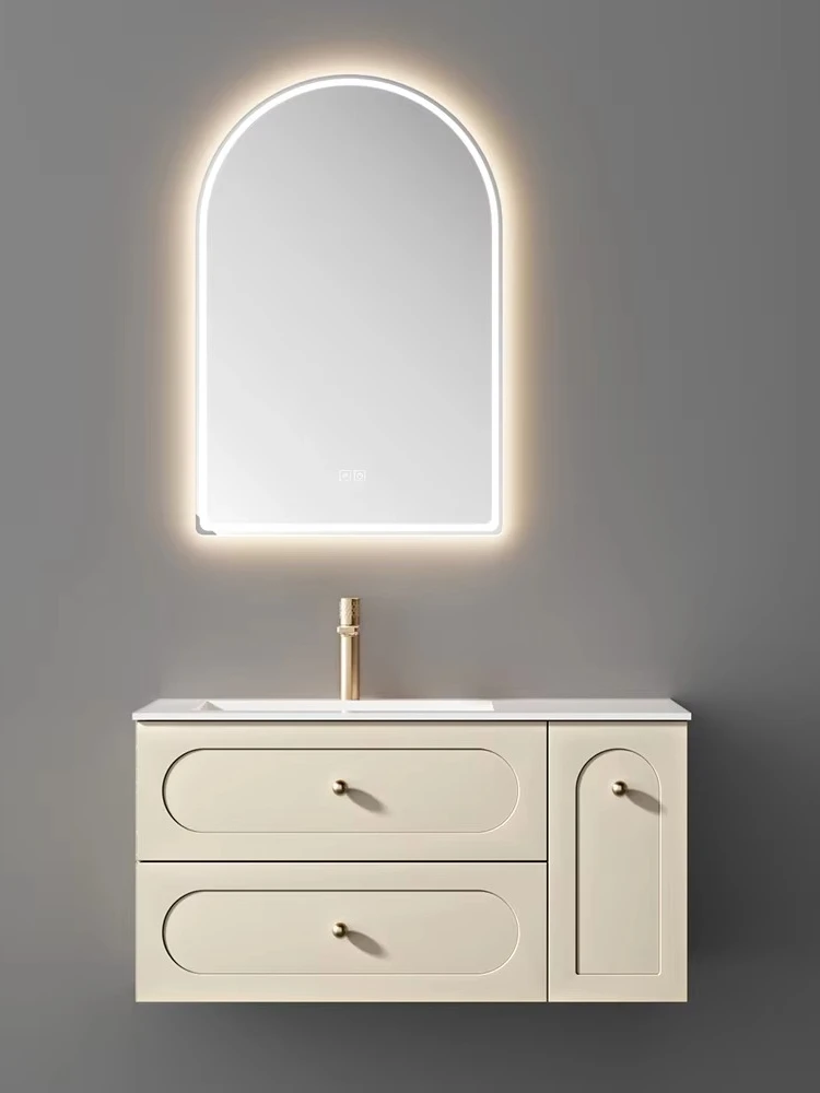 Modern Luxury Bathroom Cabinet Ceramic Basin Plywood Vanity Glass Sink Top - For Hotels